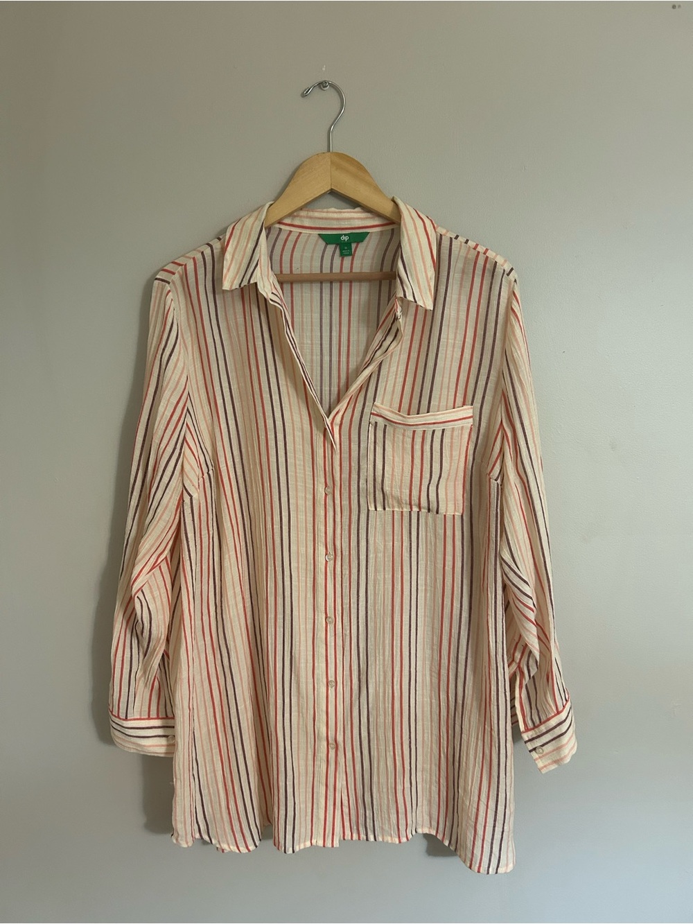 dip Cream Button-Down Shirt with Red & Navy Stripes